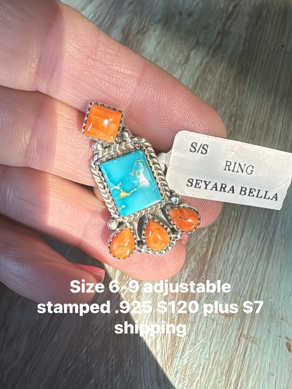 Turquoise & Orange Sterling Silver Adjustable Ring